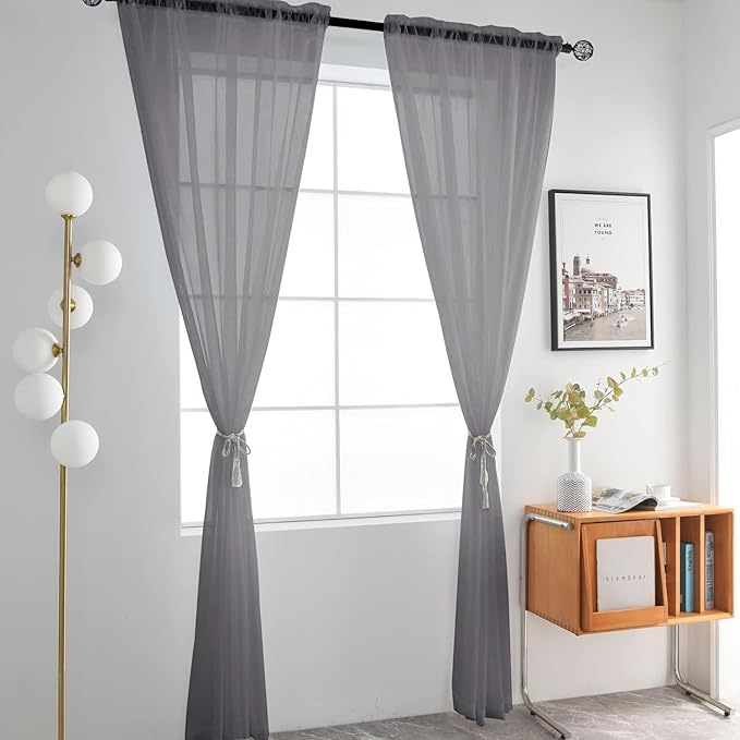 SpaceDresser Grey Sheer Curtains 4 Panels Rod Pocket Semi-Sheer Curtain 63 Inches Long Light Filtering Voile Window Drapes for Bedroom Living Room Kitchen, Each 52W x 63L