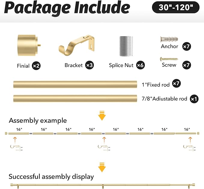 GEEBOBO Gold Curtain Rods for Windows 66 to 120 Inch, 1 Inch Adjustable Heavy Duty Easy Install Curtain Rods Set for Outdoor, Patio, Farmhouse, Bedroom, Living Room (Gold, 30"-120")
