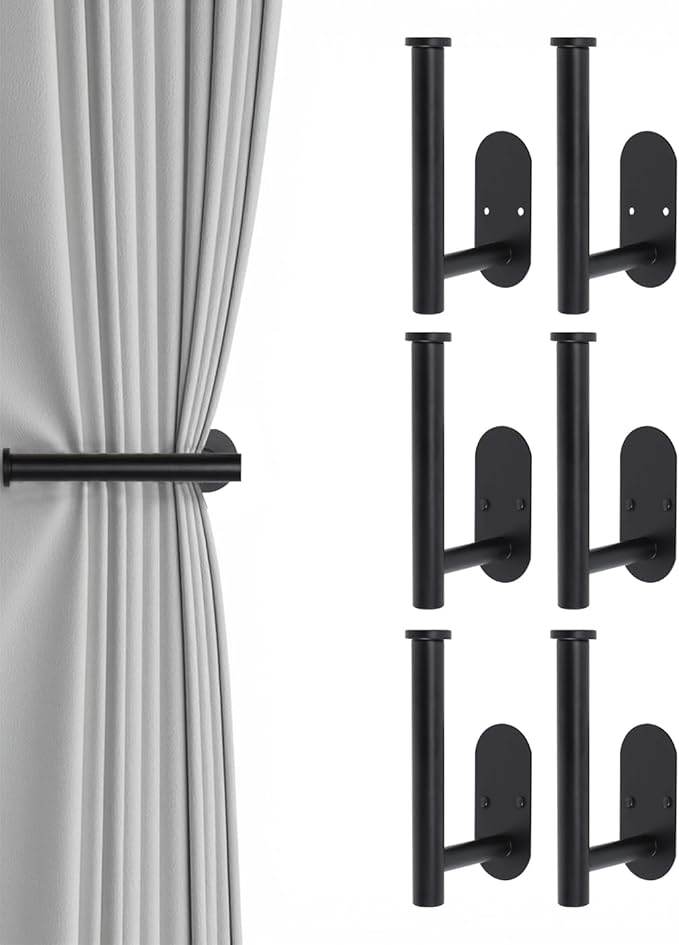 Hoousuper 6pcs Black Stainless Steel Curtain Tiebacks, Wall Mounted Curtain Holders, Tie Backs, Holders, Hooks