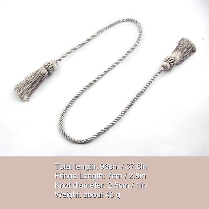 Fenghuangwu Curtain Tiebacks Handmade Decorative Curtain Holdbacks Rope with Tassel (Silver, 4P)
