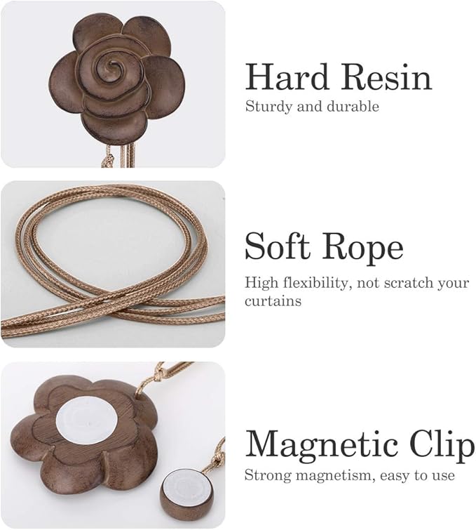 Lewondr Magnetic Curtain Tieback, Vintage Curtain Holdback, Resin Flower Curtain Ties with Rope Drapery Retro Window Curtain Decorative Buckle Holder for Outdoor, Home, and Cafe Balcony, Light Coffee
