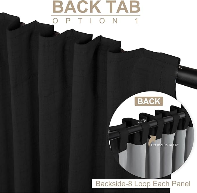 100% Blackout Shield Linen Blackout Curtains for Bedroom 90 Inches Long, Back Tab/Rod Pocket Living Room Drapes, Thermal Insulated Blackout Curtains 2 Panels Set, 50" W x 90" L, Black