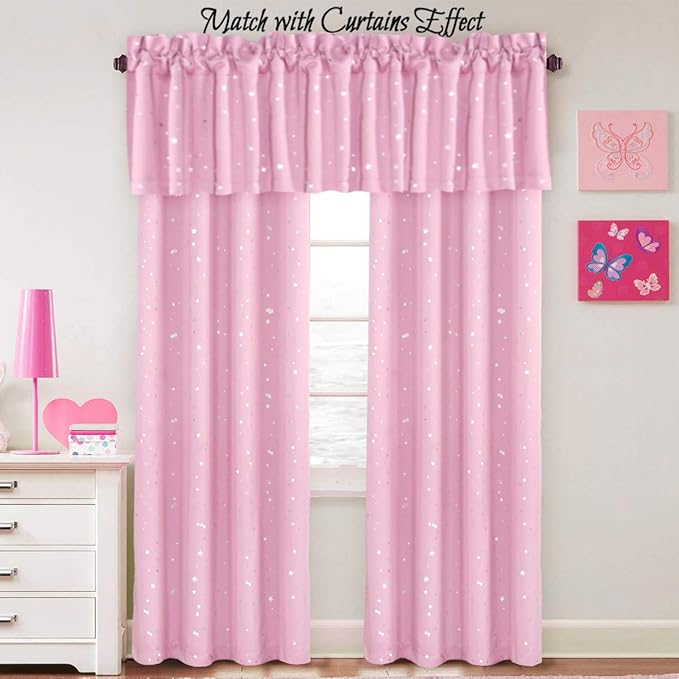 H.VERSAILTEX Blackout Curtain Valances for Kitchen Window/Living Room/Bathroom Privacy Added Rod Pocket Home Decoration Winow Valance, 52" W x 18" L, Glitter Stars in Pink Base