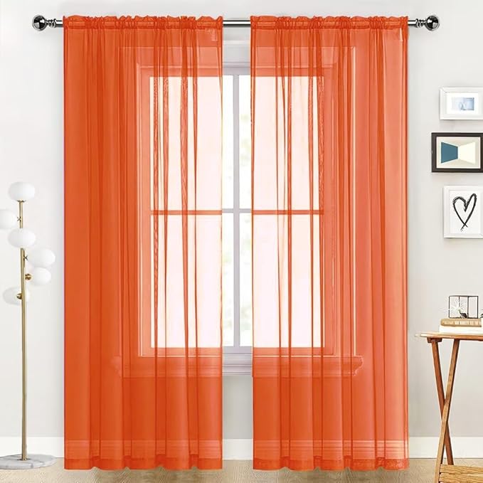 SpaceDresser Sheer Voile Window Treatment Rod Pocket Curtain Panels for Kitchen Bedroom Living Room Drapes Sunlight Filtering Privacy Semi Home Decor Assorted (Burnt Orange, 52 W x 72 L)