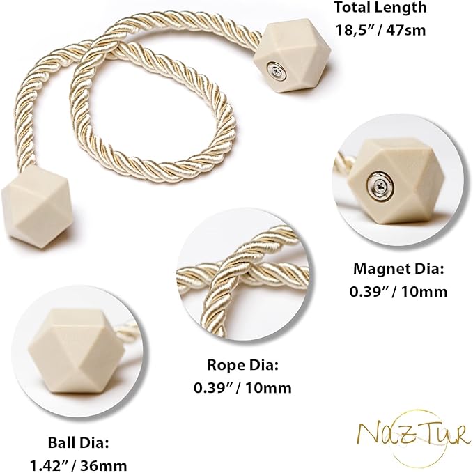 NazTur Magnetic Curtain Tiebacks- Upgrade 2022 with a Thicker Twist Rope and Strong Magnet Tieback Window Treatment Holdbacks Draperies Holders Decorative Drape Handmade Curtain Tie Back (Beige, 2)
