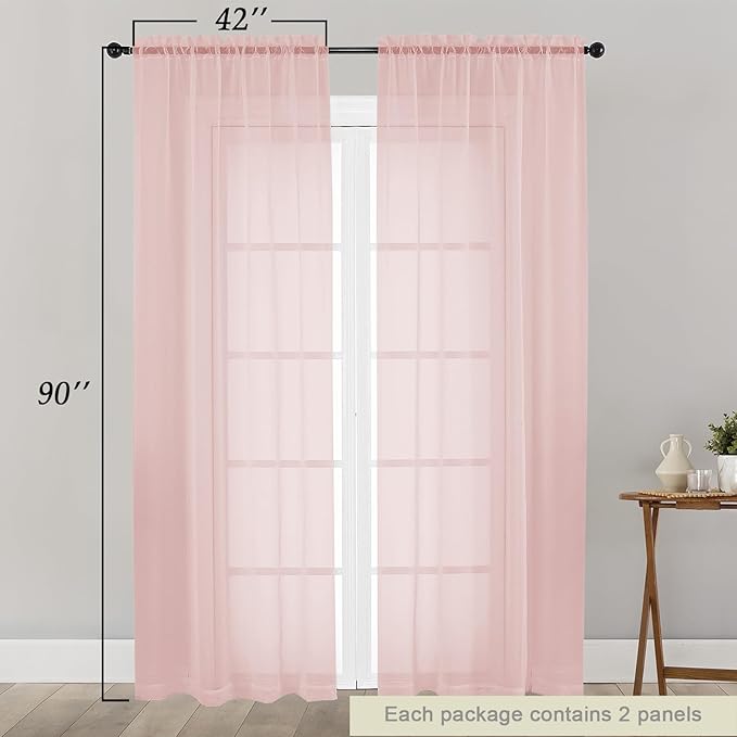 Blush Sheer Curtains for Bedroom Living Room 90 Inches Long 2 Panels Set, Soft Airy Light Filtering Sheer Window Treatments, Modern Rod Pocket Curtains Drapes, Each 42" Wx90 L Inch