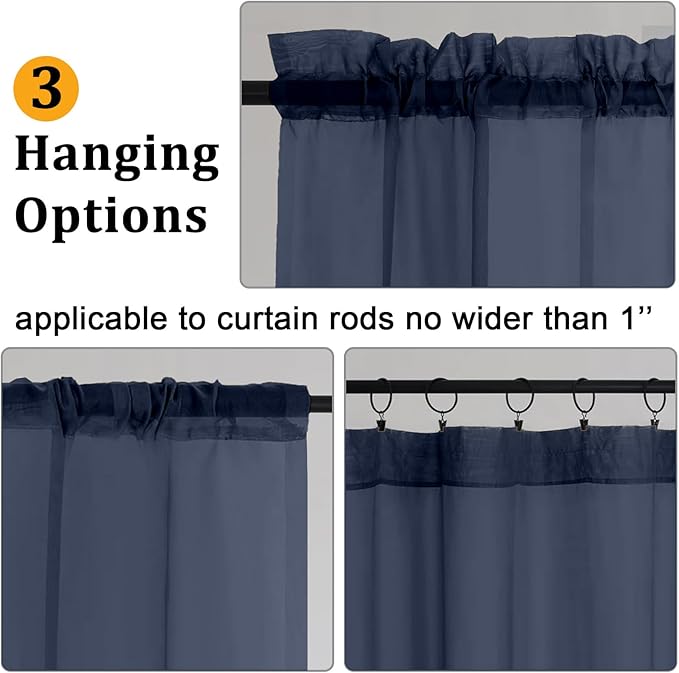 Gwine Navy Blue Sheer Curtains 90 Inches Long 2 Panels Set, Light Filtering Solid Filmy Drapes for Living Room Bedroom, Elegant Soft Rod Pocket Voile Sheer Window Curtains, 42Wx90L Inch, 2PCS