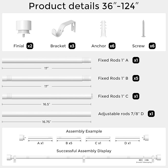 Modern White Curtain Rods for Windows 66 to 120 Inch, 1" Diameter Adjustable Heavy Duty Window Curtain Pole with Matte White End Cap Finials, Decorative Drapery Rods for Living Room, Bedroom