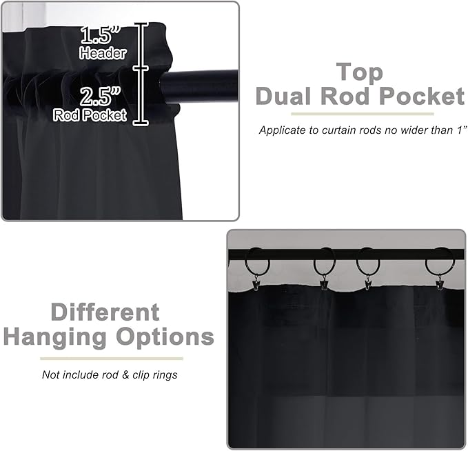 Black Valances for Windows, Black Sheer Curtains 14 Inch Length 2 Pack Kitchen Drapes, Modern Solid Mini Small Window Curtains for Cafe Bathroom Basement, Each 42" Wx14 L Inches