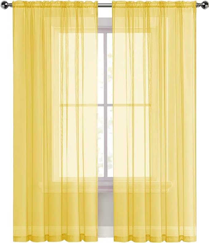 SpaceDresser Sheer Voile Window Treatment Rod Pocket Curtain Panels for Kitchen Bedroom Living Room Drapes Sunlight Filtering Privacy Semi Home Decor Assorted Colors Sizes (Yellow, 52 W x 54 L)