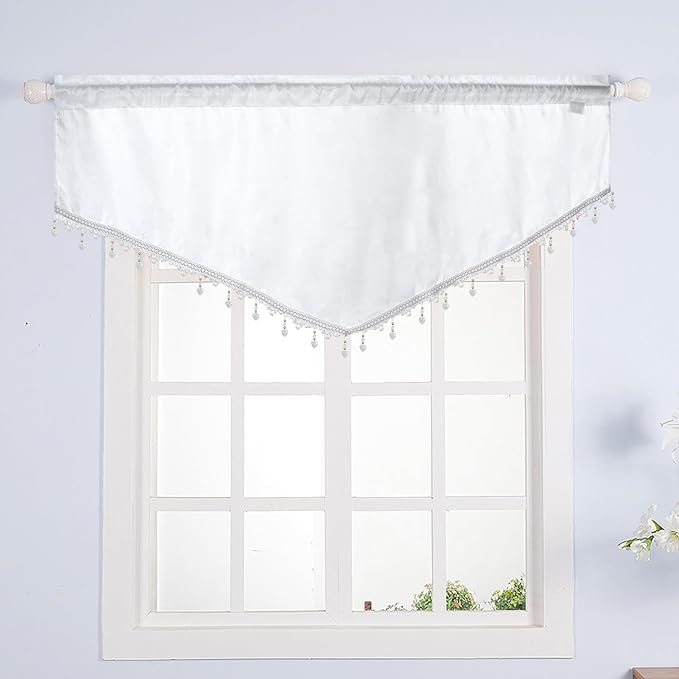 Molaxhome Swag Curtain 51 inch Length Rod Pocket Scalloped Curtain Valance Sheer Lace Panels with Hanging Crystal Beads for Kitchen Bedroom Window Treatments Drape Decor 1pc (Cloth White, 51Wx23L)