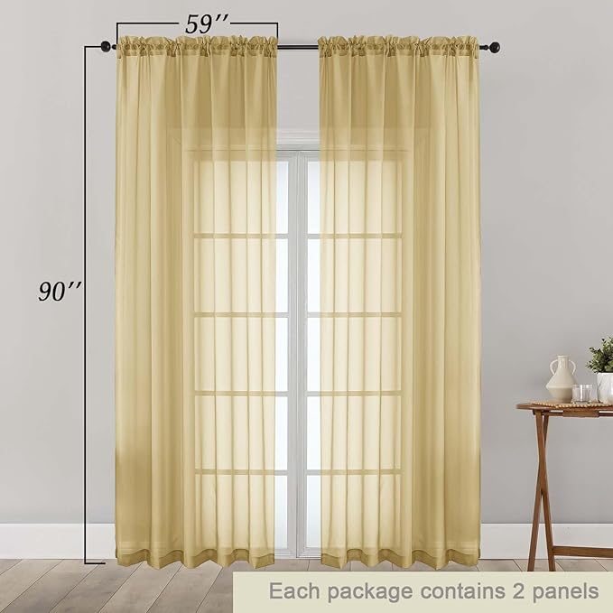 Gold Sheer Curtains 90 Inches Long 2 Panels Set for Bedroom Living Room, Soft Airy Light Filtering Modern Solid Rod Pocket Drapes Window Treatments, Gold, Each 59" W x 90" L