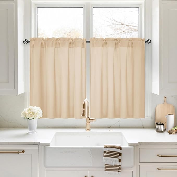 HOMEIDEAS Non-See-Through Beige Privacy Sheer Kitchen Curtains, 30 X 36 Inches Long 2 Panels Taupe Sheer Curtains Light Filtering Bathroom Window Drapes for Bedroom Living Room