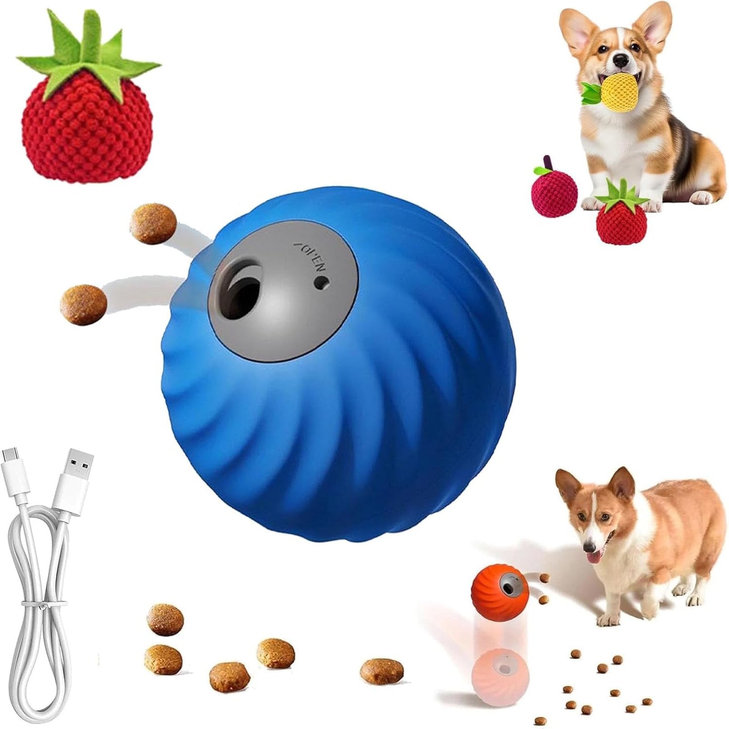 Zoomie Buddy 2.0, Zoomie Buddy for Dogs, 2 in 1 Smart Touch Interactive Dog Balls ＆ Pet Feeder, 2.83" Diameter, Suitable for Small/Medium Dogs, with Fruit Plush Cover (Blue, Tomato)