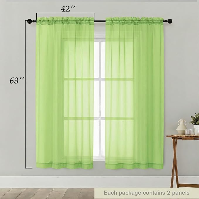 Sheer Curtains 63 Inch Length 2 Panels Set for Living Room Bedroom, Airy Soft Light Filtering Sheer Dining Room Curtains, Modern Rod Pocket Drapes, Lime, Each 42" Wx63 L