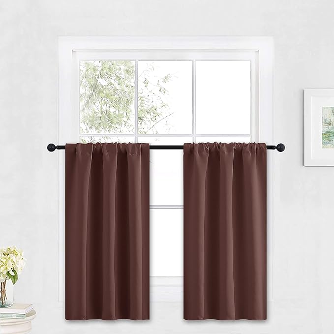 RYB HOME Blackout French Door Window Curtain Covering, Rod Pocket Thermal Insulated Privacy Non See Through Drapes for Bathroom Window, Width 29 by Length 45, Chocolate Brown, 2 Panels