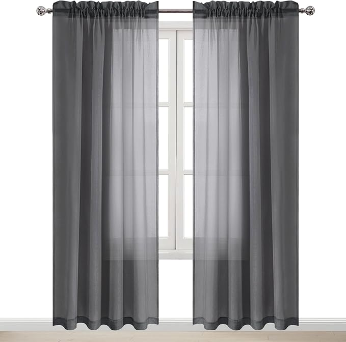 DWCN Dark Gray Sheer Curtains Semi Transparent Voile Rod Pocket Curtains for Bedroom and Living Room, 52 x 84 inches Long, Set of 2 Panels
