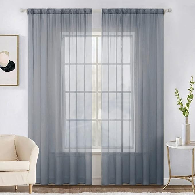 MIULEE 2 Panels Solid Color Sheer Window Curtains Elegant Window Voile Panels/Drapes/Treatment for Bedroom Living Room (54X108 Inches Dark Grey)