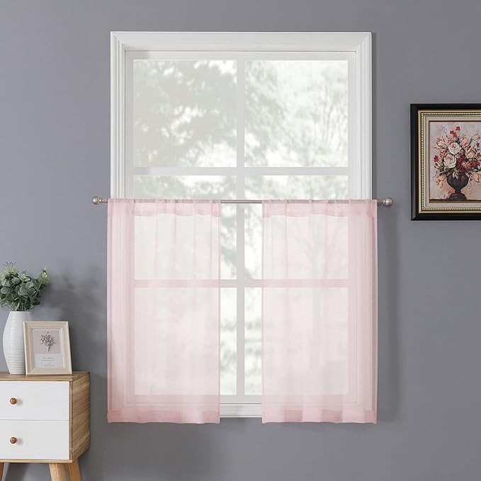 Tollpiz Short Sheer Tier Curtains Linen Textured Half Kitchen Curtain Sheers Light Filtering Rod Pocket Voile Small Curtain for Bathroom, 25 x 24 inches Long, Pink, Set of 2 Panels