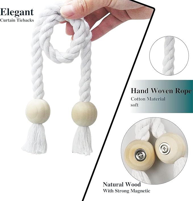 2 Pack Magnetic Curtain Tiebacks Cotton Hand Woven Tie Back Decorative Rope Holdbacks for Curtains Draperies No Tools Required, White