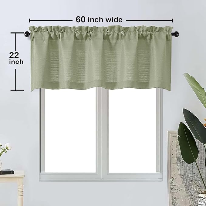 OWENIE Bob 1 PCS Green Valances for Windows, Faux Linen Textured Kitchen Window Curtains Valance for Bedroom Living Room, Modern Soft Airy Solid Rod Pocket Bathroom Cafe Curtain, 60Wx22L Inch