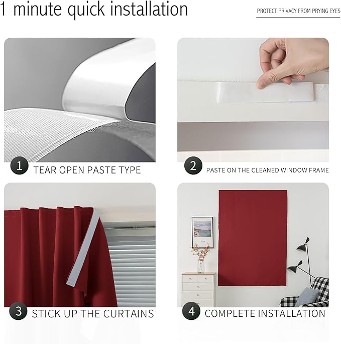 Self Adhesive Curtains, Stick Curtain Blackout Shades Window Cover Curtains for Living Room No Drilling, 35" W X 71" L, Burgundy, 1 Panel