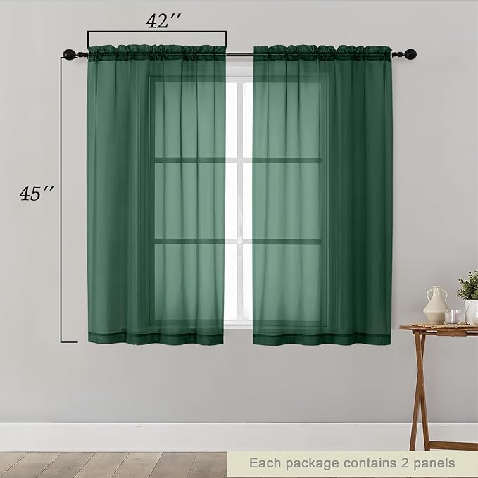 Hunter Green Sheer Curtains for Bedroom Living Room 45 Inch Length 2 Panels, Soft Alight Filtering Small Kitchen Window Curtains, Rod Pocket Short Curtain Drapes, 42" Wx45 L Inches