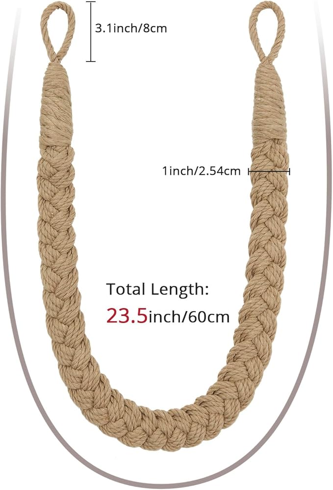 NICEEC 4 Pack Natural Cotton Rope Curtain Tiebacks Elegant Boho Style Decorative Drape Tie Backs Soft Hand-Woven Rope Curtain Holdbacks with Metal Hook for Home & Office Drapery (Khaki)