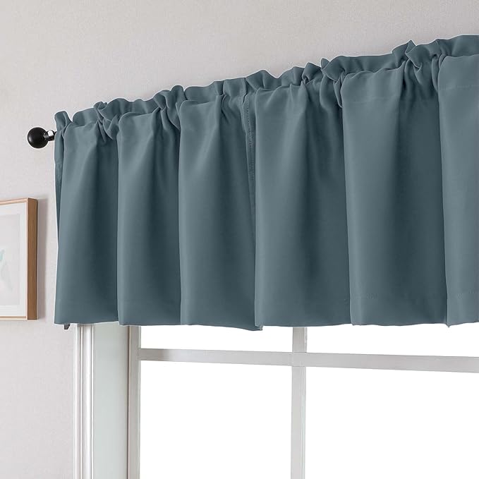 Chyhomenyc Blackout Valances for Windows, Short Window Valance Curtains for Living Room Bedroom Bathroom, Room Darkening Solid Privacy Small Kitchen Valances, 60Wx16L, 2 Pack, Stone Blue