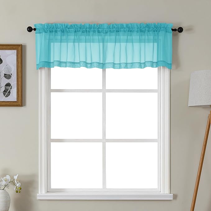 Gwine Turquoise Valances for Windows, Small Light Filtering Rod Pocket Cafe Valance Curtains, Soft Sheer Curtain for Bathroom Laundry Basement, 42Wx14L inch, 2 Pieces