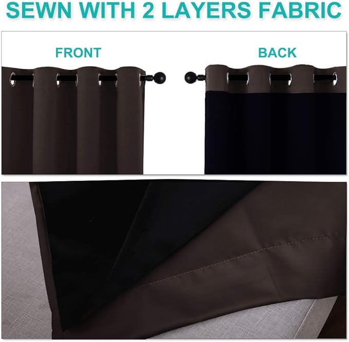 NICETOWN 100% Blackout Short Curtains with Black Liners, 2 Panels, 37" W by 60" L, Toffee Brown, Solid Thermal Insulated Full Blackout 2-Layer Lined Drapes, Energy Efficiency Window Drapes for Bedroom