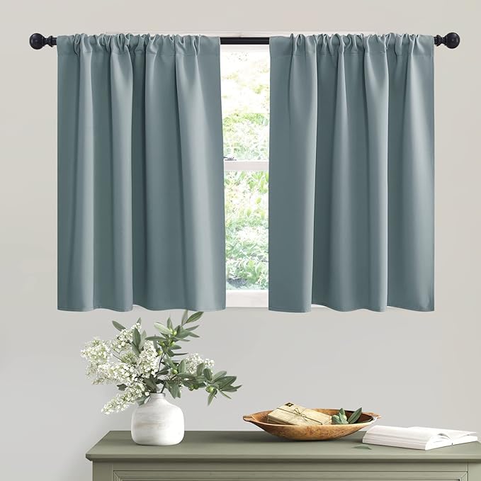RYB HOME Blackout Privacy Bathroom Window Curtains, Short Thermal Insulated Heat Blocking Privacy Rod Pocket Half Window Curtain Tiers for Nursery Bedroom, Width 42 by Length 30, Dusty Blue, 2 Panels