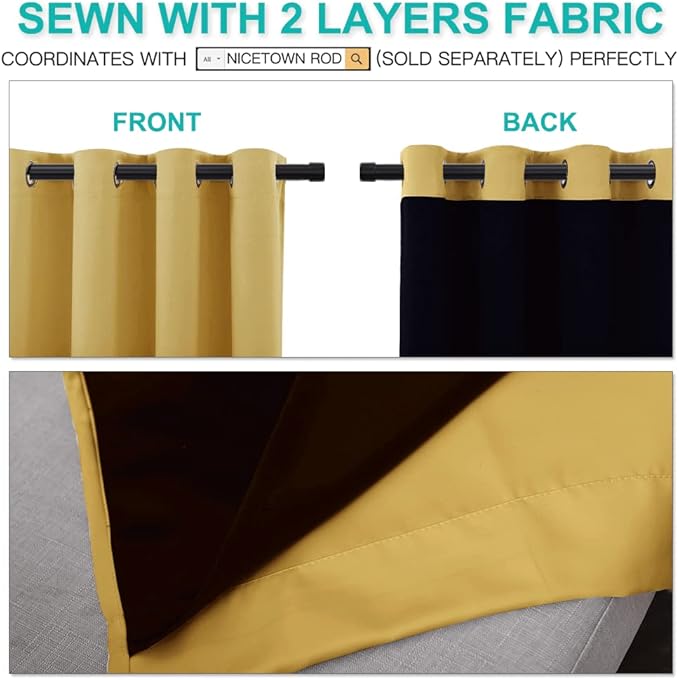 NICETOWN 100% Blackout Window Curtain Panels, Heat and Cold Blocking Drapes with Black Liner for Nursery, 84 inches Drop Thermal Insulated Draperies (Yellow, 2 Pieces, 52 inches Wide Each Panel)