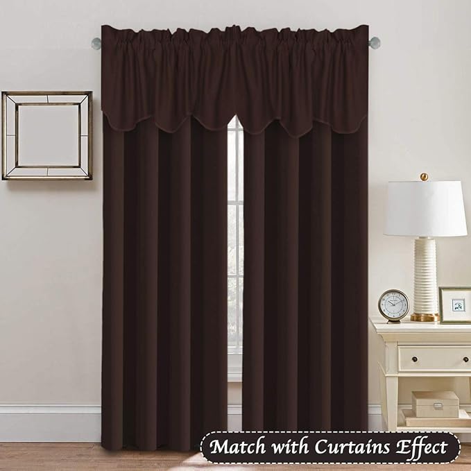 H.VERSAILTEX 4 Panels Blackout Curtain Valances for Kitchen Windows/Living Room/Bathroom Privacy Protection Rod Pocket Decoration Scalloped Window Valance Curtains, 52" W x 18" L, Chocolate Brown