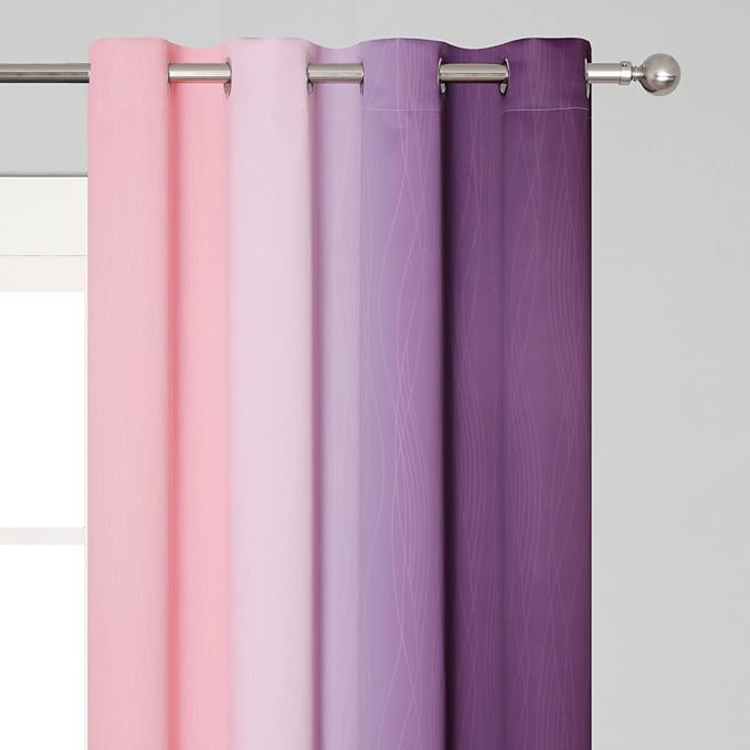 Pink and Purple Curtains 63 Inch Length 2 panels, Full Light Blocking Ombre Blackout Curtains for Kids Room, Thermal Insulated Noise Reducing Gradient Blackout Curtains for Girls Bedroom, 52x63 Inch