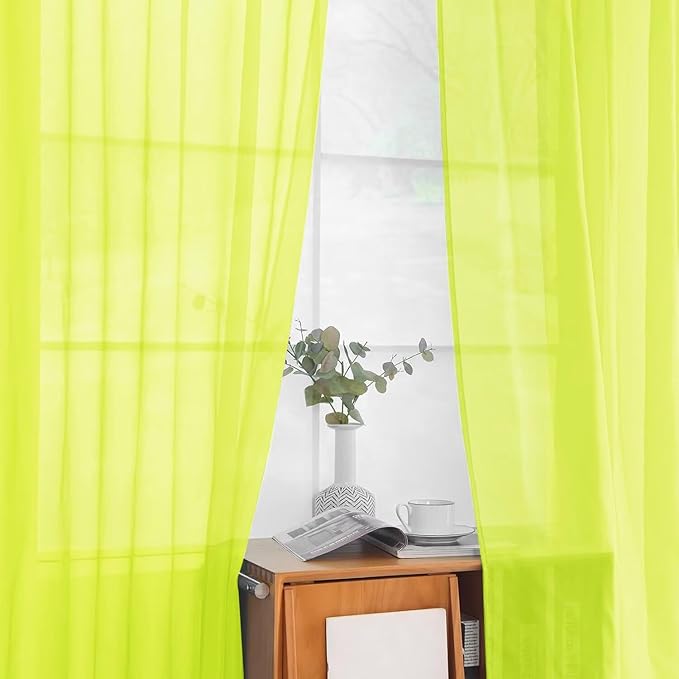youleyar Solid Sheer Rod Pocket Curtain Voile Draperies 2 Panels White Beige Black Grey Ivory 52 Inch Width 63 Inch Long 1 Pair for Kitchen Bedroom Children Living Room Yard (Chartreuse,52Wｘ63L)