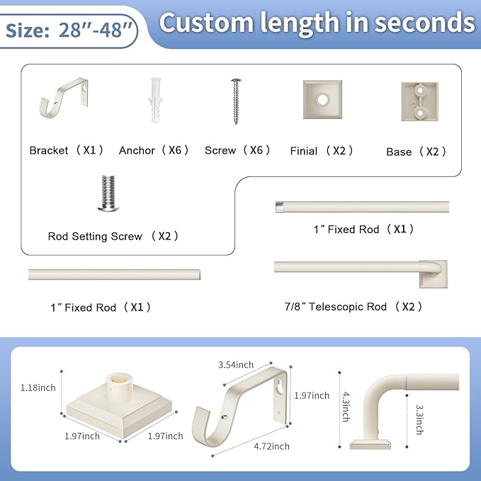 Beige White Curtain Rods for Windows 28-48Inch Heavy Duty French Return Rod, Wrap Around Blackout Curtain Rods, Adjustable Room Darkening Drapery Rod for Bedroom, Living Room, Sliding Door & Outdoor