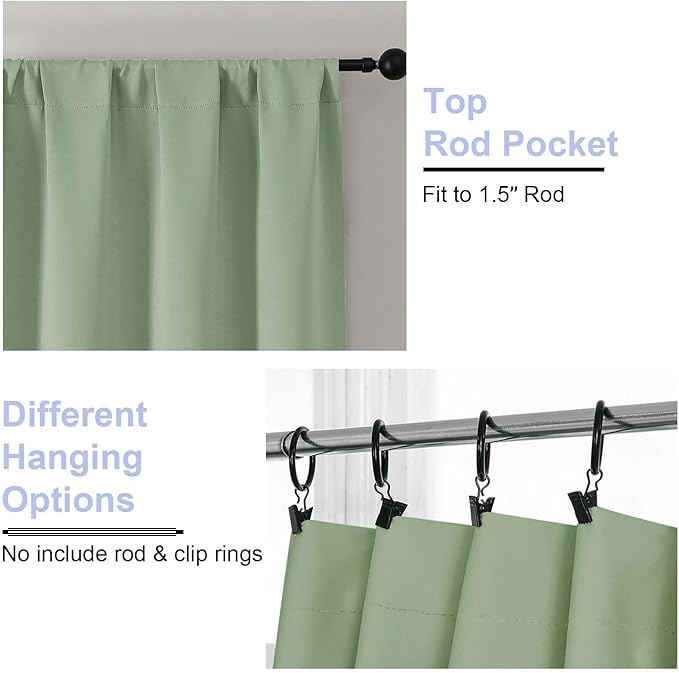 Simplebrand Ava Light Green Short Blackout Curtains for Bedroom 45 Inches Long 2 Panels Set, Solid Thermal Insulated, Energy Saving Window Treatment Curtains Blackout Drapes, W40 x L45 Inch