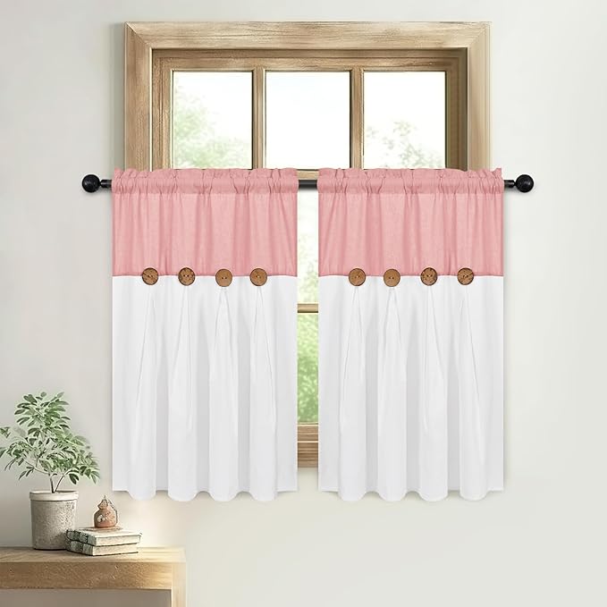 FRAMICS Farmhouse Kitchen Curtains 36 Inch Length, Rustic Cotton Linen Tier Curtains, Boho Button Short Curtain for Windows, Rod Pocket Small Window Curtain, Pink and White, 26x36
