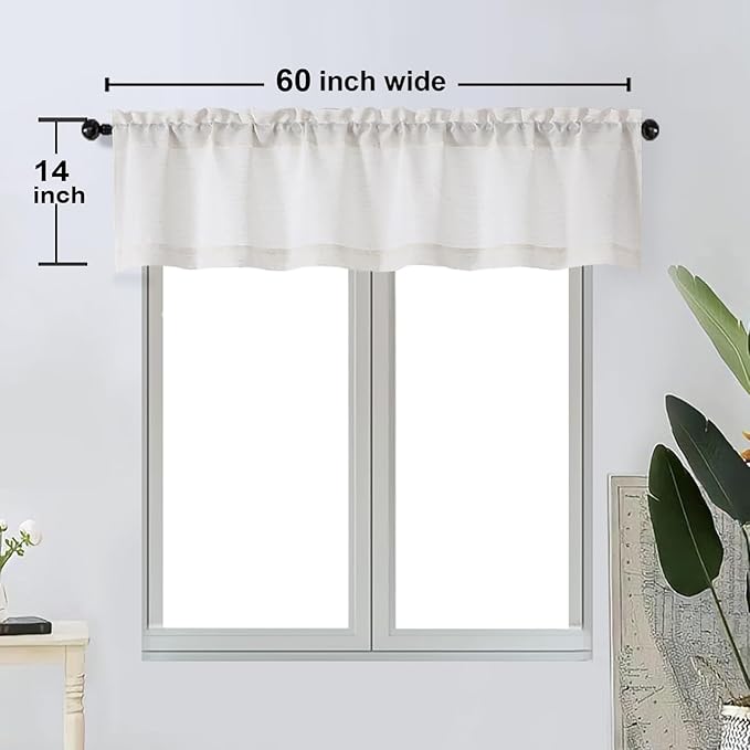 OWENIE Bob 1 PCS Natural Valances for Windows, Faux Linen Textured Kitchen Window Curtains Valance for Bedroom Living Room, Modern Soft Airy Solid Rod Pocket Bathroom Cafe Curtain, 60Wx14L Inch