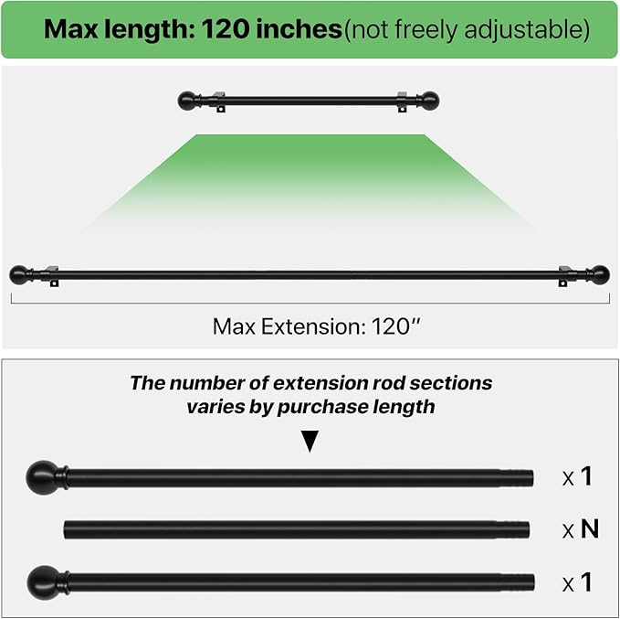 Curtain Rods for Windows 66 to 120 inch, 2 Pack Black Long Curtain Rod with Brackets Easy Install, Decorative Adjustable 5/8 inch Heavy Duty Curtain Rod for Outdoor Patio, Sliding Door, Set of 2