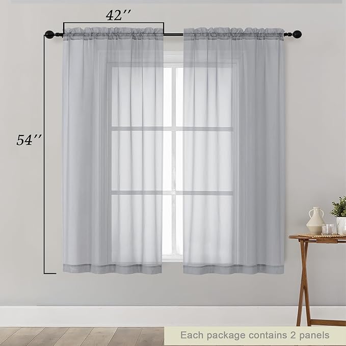 Sheer Light Grey Curtains for Bedroom Living Room 54 Inch Length 2 Panels Set, Solid Soft Airy Light Filtering Window Treatments, Modern Rod Pocket Drapes, Light Grey, 42" Wx54 L Inches