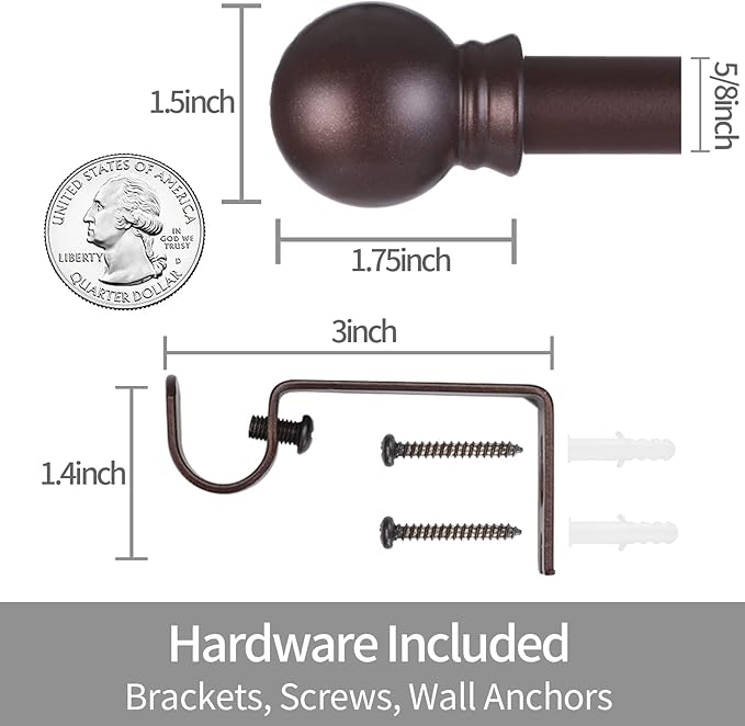 Thestoa Brown Curtain Rods for Windows 48 to 84-92 Inch, Stainless Steel Long Curtain Rods for Bedroom, Living Room, Kitchen, Farmhouse, Outdoor Brown
