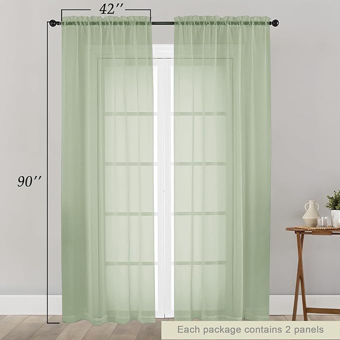 Sheer Light Green Curtains for Bedroom Living Room 90 Inches Long 2 Panels Set, Soft Airy Light Filtering Sheer Window Treatments, Modern Rod Pocket Curtains Drapes, Each 42" Wx90 L Inch