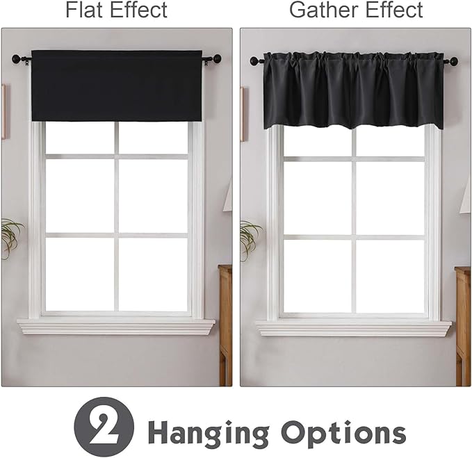 Chyhomenyc Black Valances for Window, Room Darkening Short Curtains for Kitchen Bedroom Living Room, Rod Pocket Top Small Window Treatment Valance RV Bunk Panels, 40" Wx18 L, 2 Pieces
