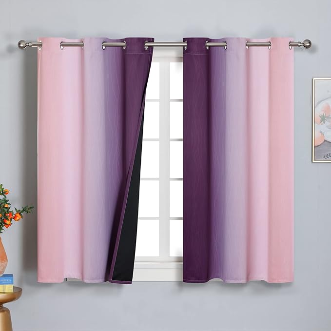 Pink and Purple Curtains 45 Inch Length 2 panels,Full Light Blocking Ombre Blackout Curtains, Kids Room, Thermal Insulated Noise Reducing Gradient Blackout Curtains for Girls Bedroom,42x45 Inch,adult