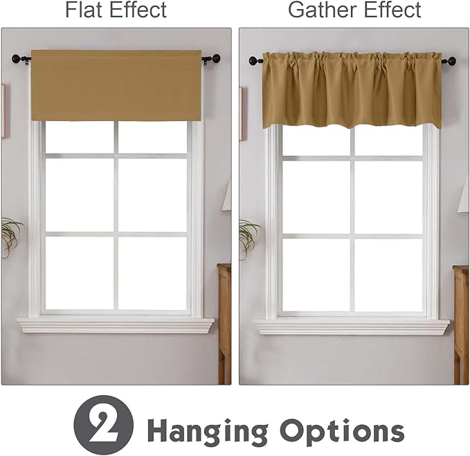 Chyhomenyc Gold Valances for Window, Room Darkening Short Curtains for Kitchen Bedroom Living Room, Rod Pocket Top Small Window Treatment Valance RV Bunk Panels, 60" Wx18 L, 2 Pieces