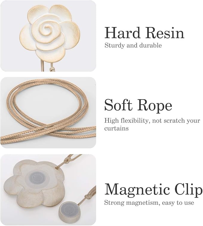 Lewondr Magnetic Curtain Tiebacks, Vintage Curtain Holdback, Resin Flower Curtain Ties with Rope Drapery Retro Window Curtain Decorative Buckle Holder for Outdoor, Home Office, and Cafe Balcony, Beige