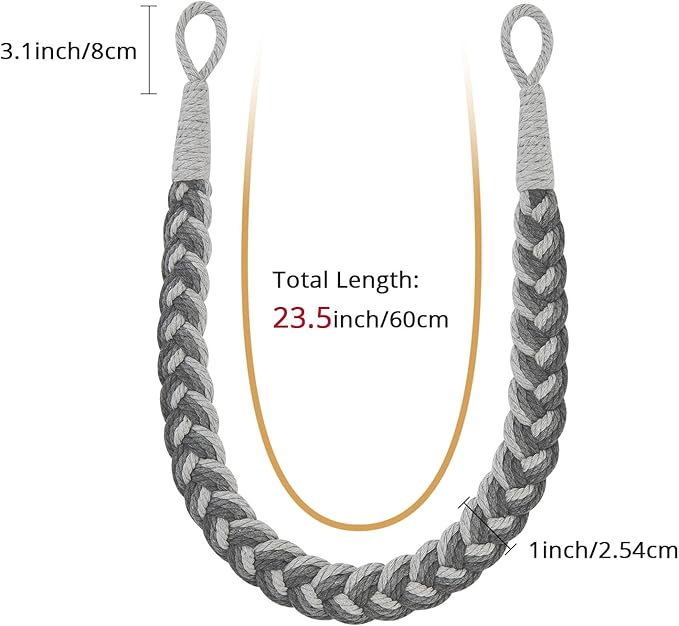 NICEEC 4 Pack Natural Cotton Rope Curtain Tiebacks Elegant Boho Style Decorative Drape Tie Backs Soft Hand-Woven Rope Curtain Holdbacks with Metal Hook for Home & Office Drapery (Gradient Grey)
