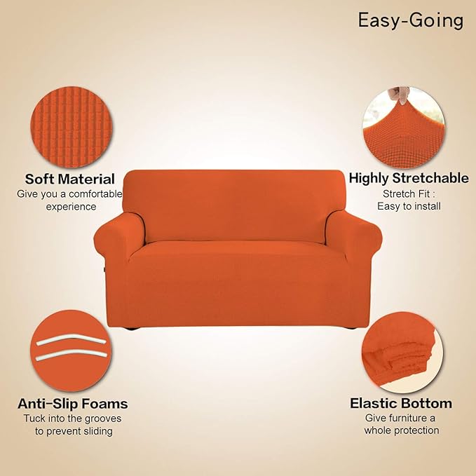 Easy-Going Stretch Oversized Sofa Slipcover 1-Piece Sofa Cover Furniture Protector Couch Soft with Elastic Bottom for Kids, Polyester Spandex Jacquard Fabric Small Checks Orange